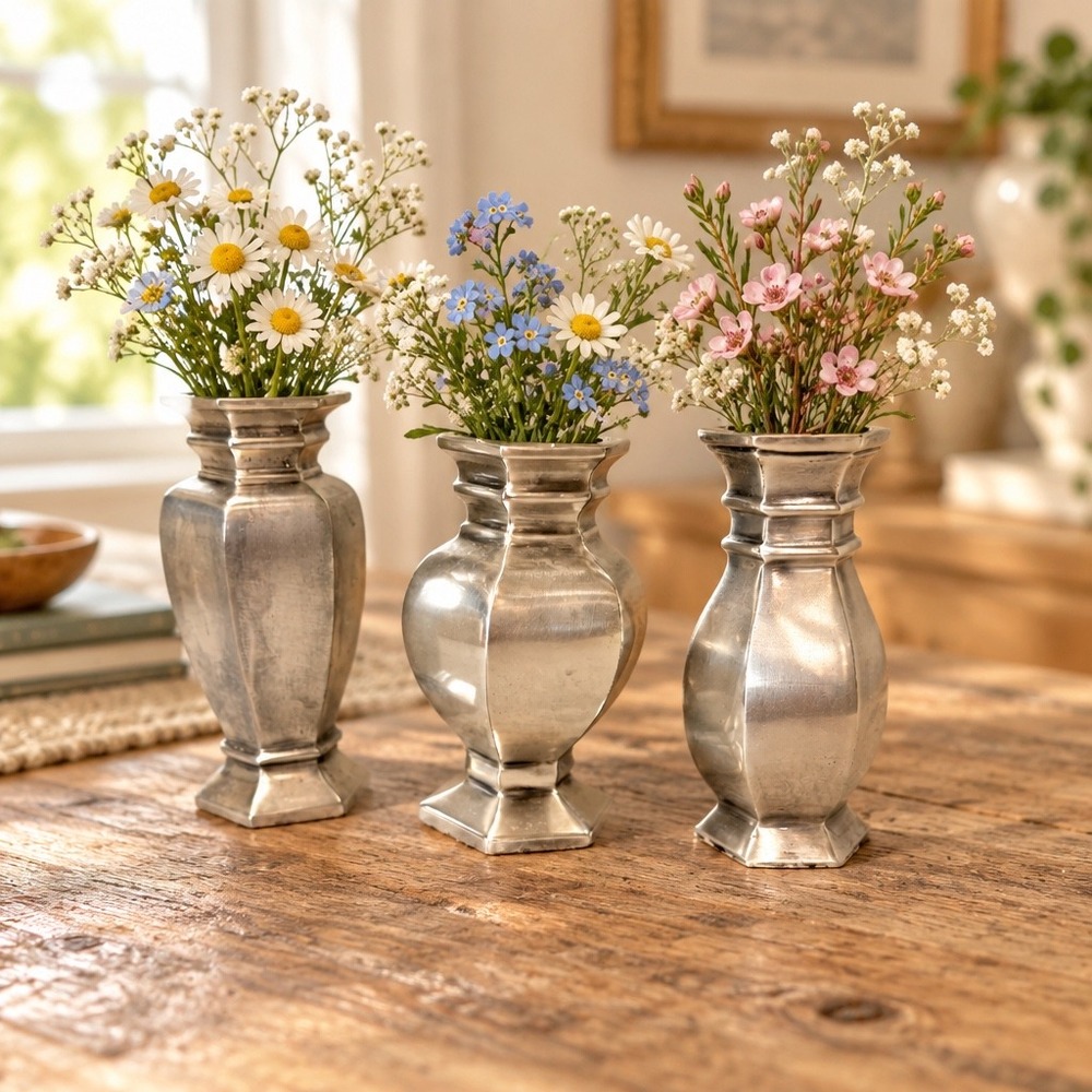 Pottery Barn Estate Bud Vases Set 3 Pewter Tone Silver Farmhouse Decor Vintage